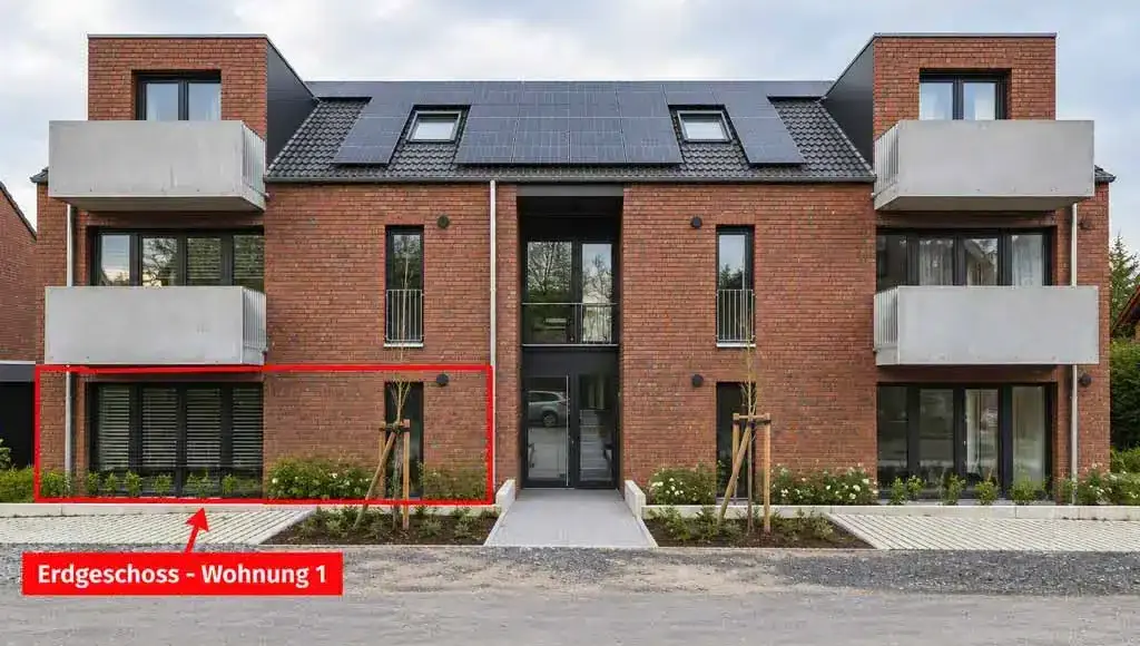 Oppenhome Immobilien – Neuwertige 3-Zimmer-Erdgeschosswohnung mit Terrasse (Außenansicht, Eingang und Terrasse)