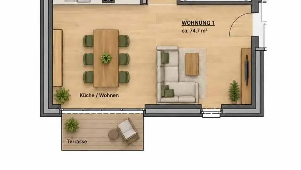 Oppenhome Immobilien – neuwertige 3-Zimmer-Erdgeschosswohnung mit Terrasse (Grundriss)